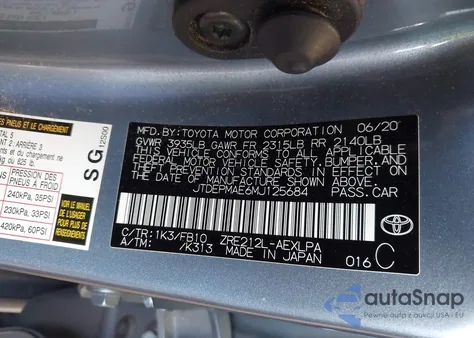 2021 Toyota Corolla Le z USA, uszkodzony, nr VIN JTDEPMAE6MJ125684